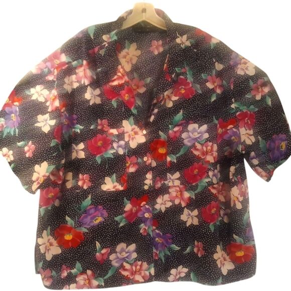 Vintage Women's Plus Size Dark Floral Polkadot Button Down Shirt Sz 24W - Picture 2 of 6